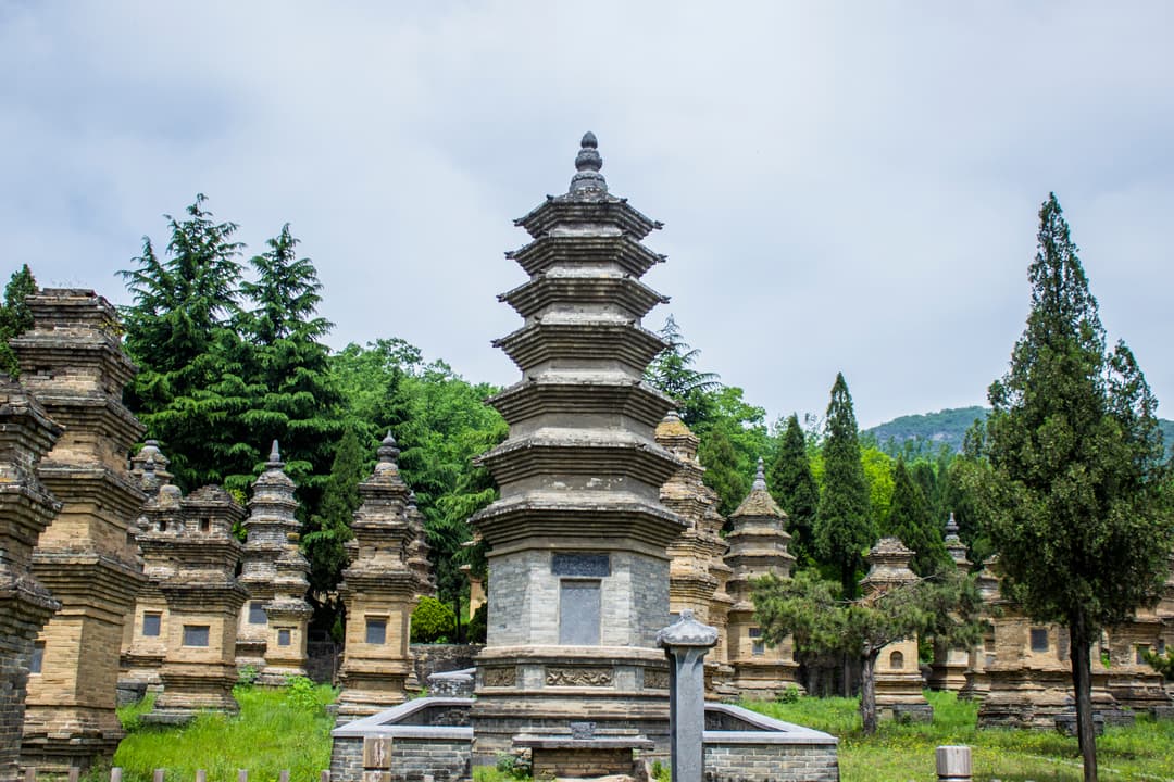 Multi-tiered brick stupas in the Pagoda Forest at Shaolin Temple.
