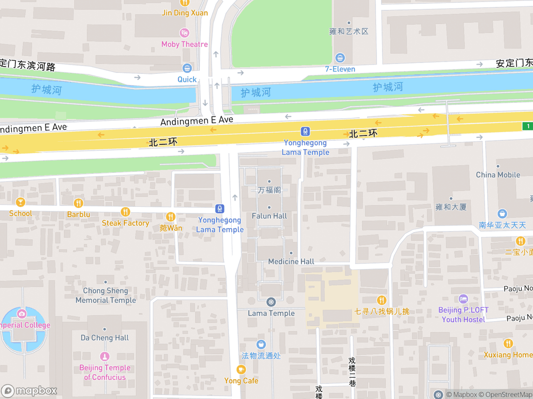 Map showing Yonghe Temple and surrounding area