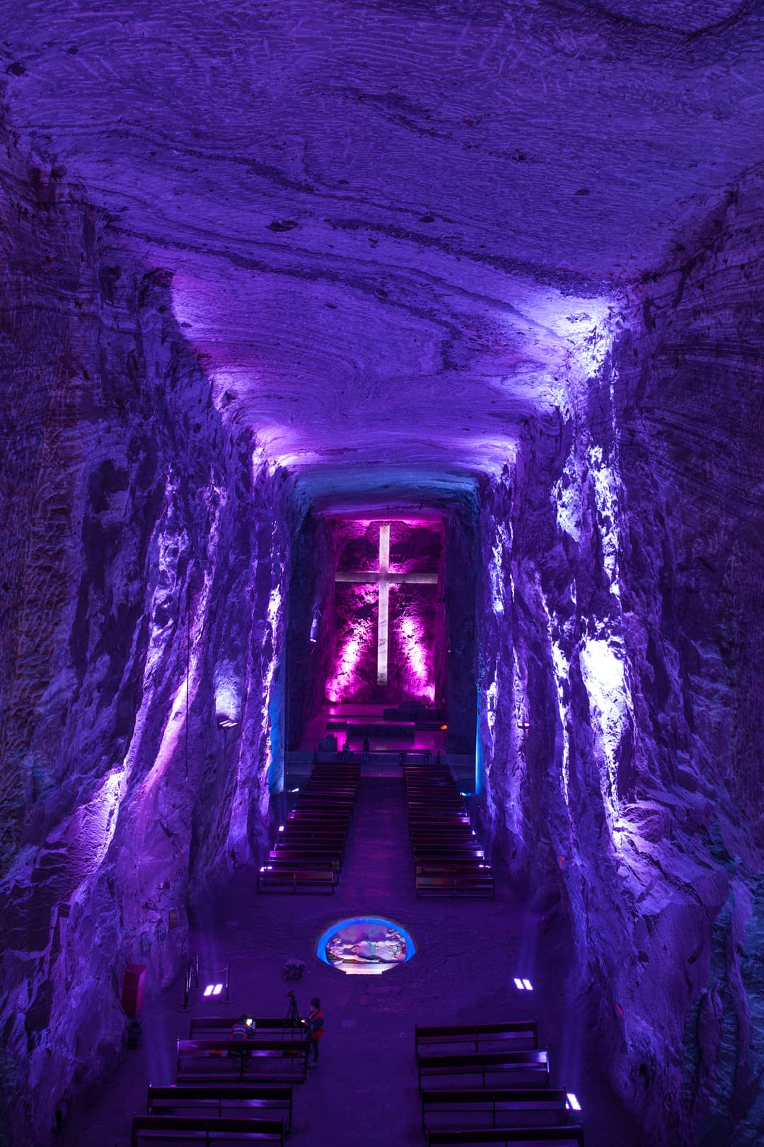 Illuminated central nave and salt cross in the Salt Cathedral of Zipaquirá