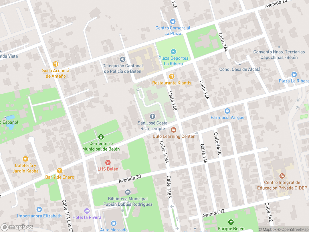 Map showing San José Costa Rica Temple and surrounding area