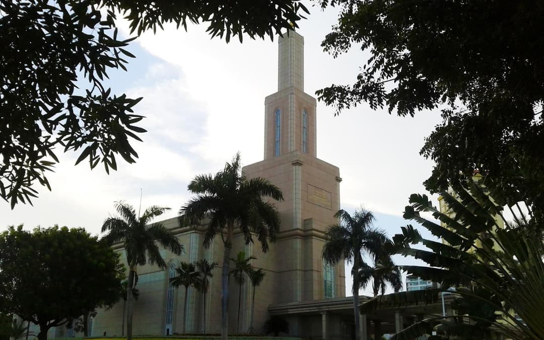Low-angle view of the temple framed by tropical foliage and palm trees.