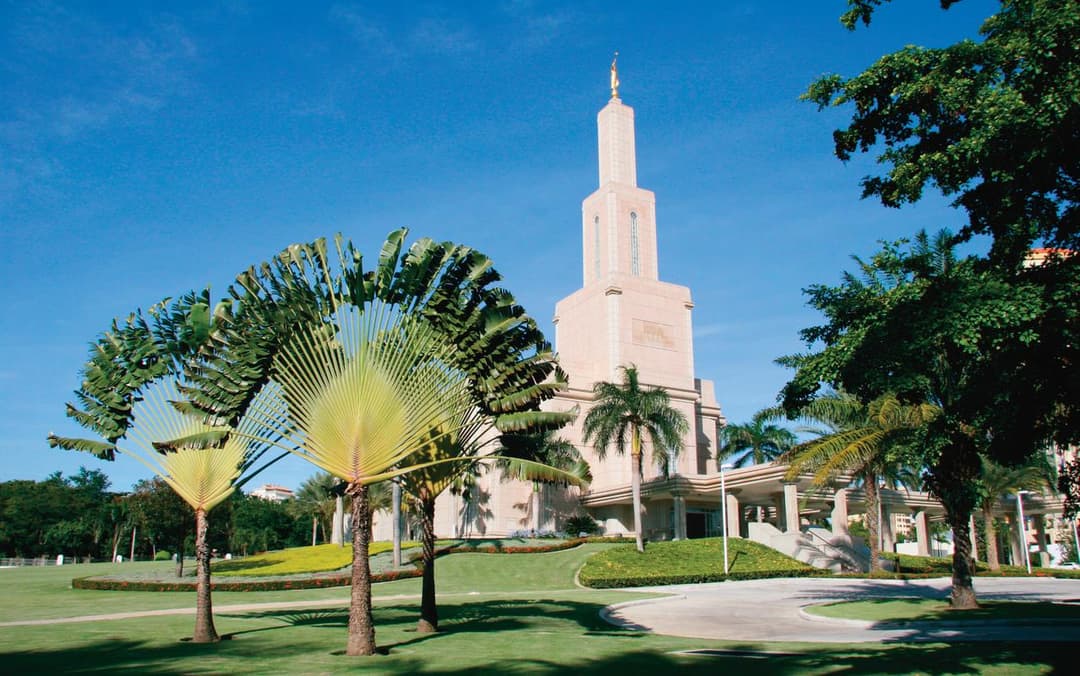 Exterior view of the temple spire and grounds framed by traveler's palms.