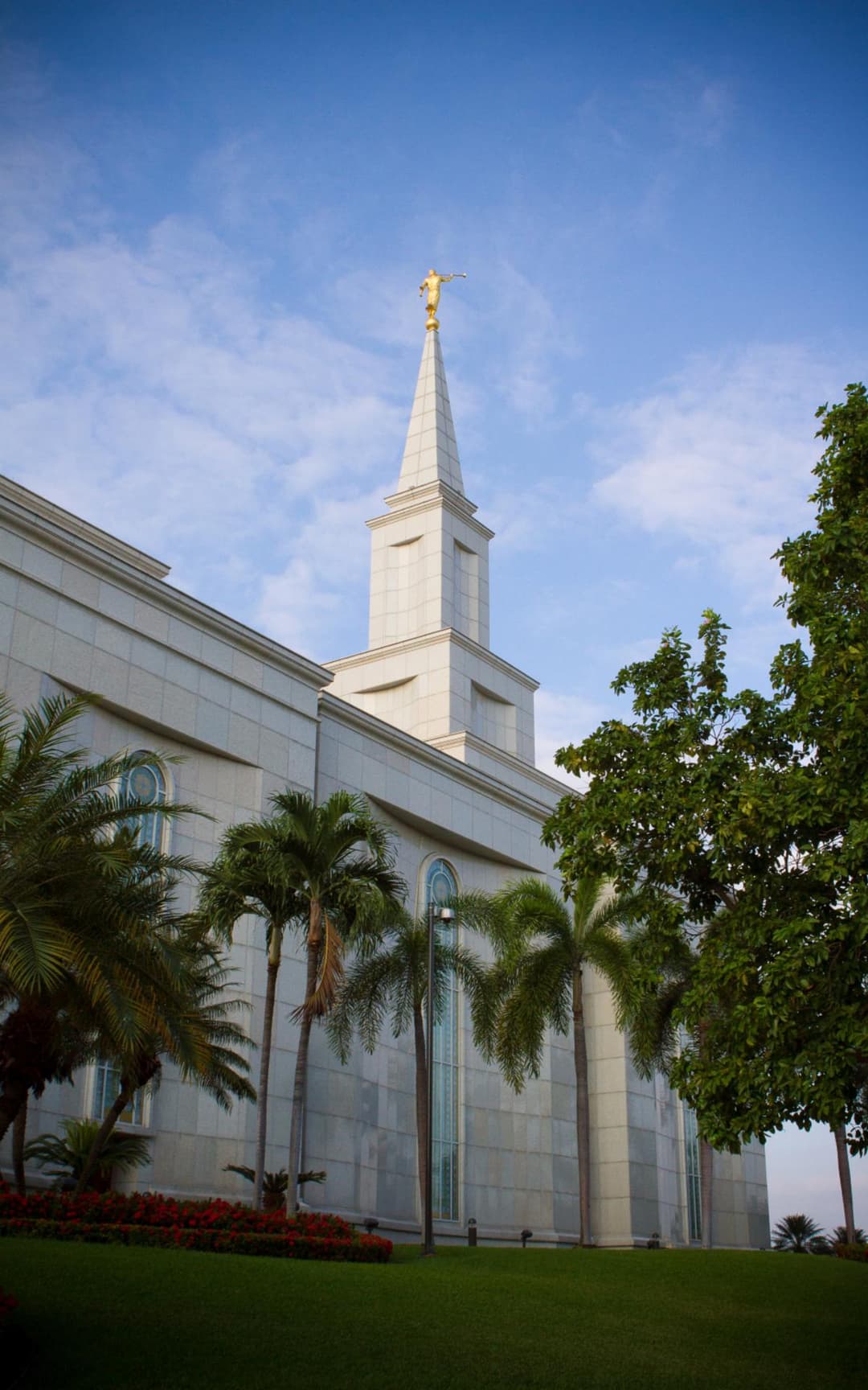 Guayaquil Ecuador Temple exterior with Angel Moroni and palm trees, daytime.