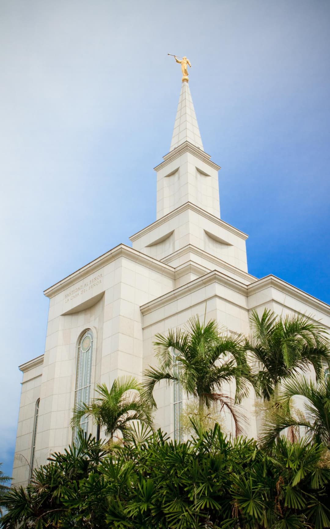 Guayaquil Ecuador Temple, upward view of spire, Angel Moroni, and palms.
