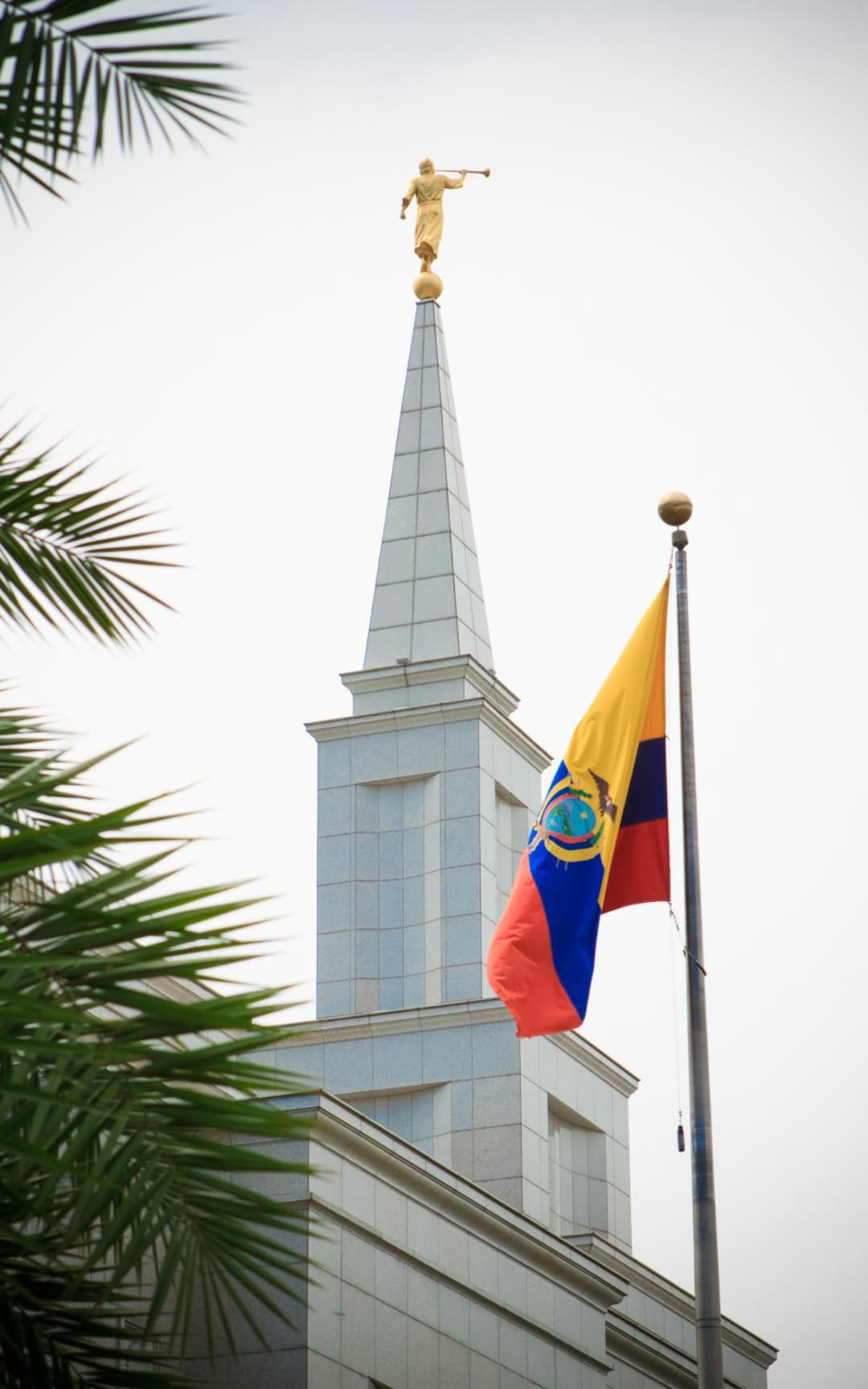 Upward view of Guayaquil Temple spire, Angel Moroni, Ecuador flag, and palm fronds.