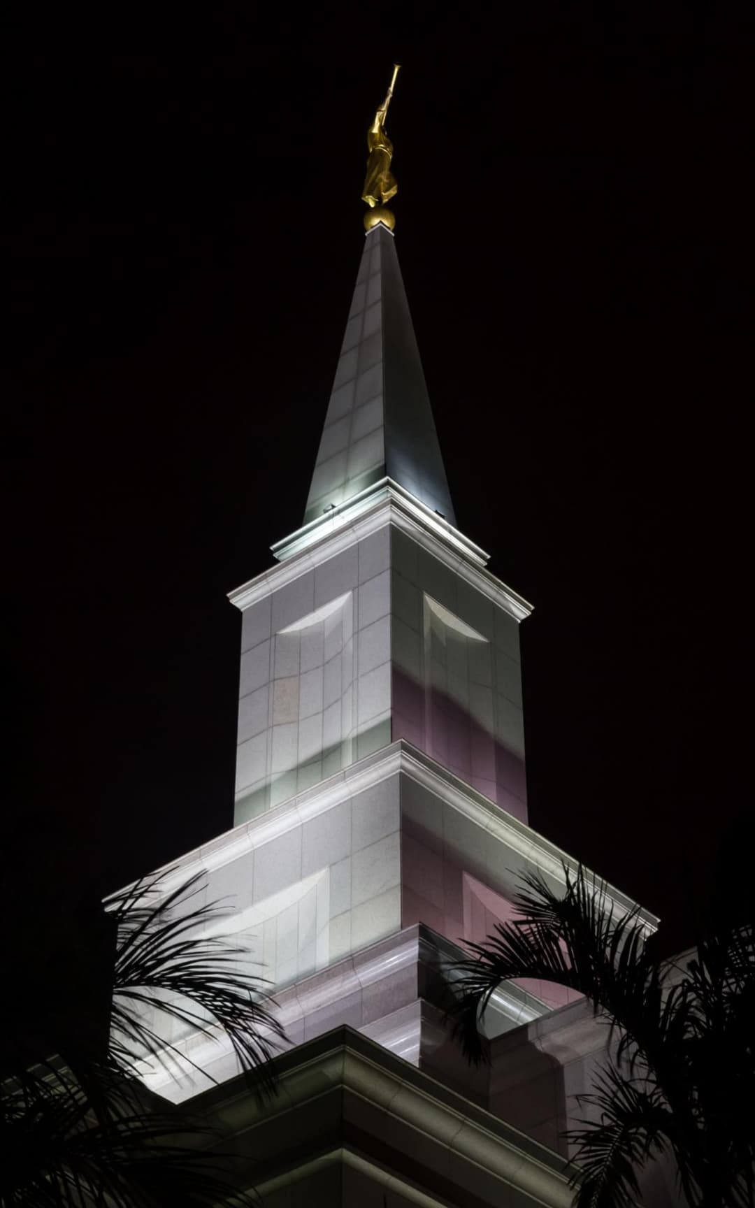 Guayaquil Ecuador Temple spire and Angel Moroni at night, framed by palms.