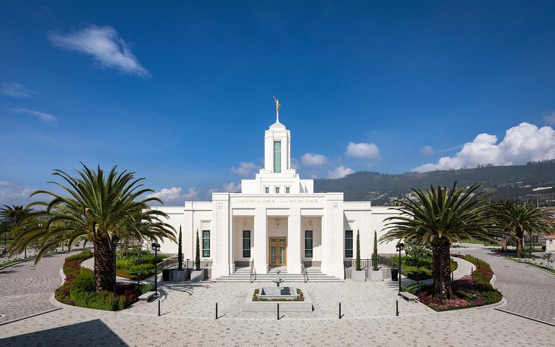 Front wide-angle view of the Quito Ecuador Temple facade and grounds.