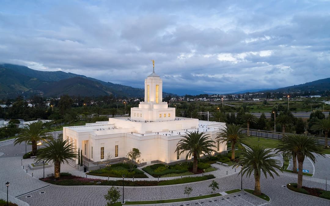 Aerial view of the Quito Ecuador Temple and grounds at twilight.