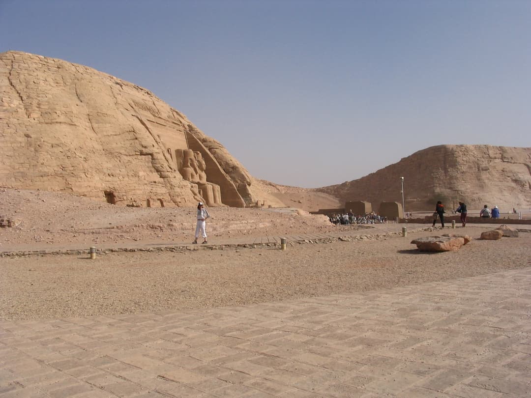 The Small Temple's entrance, featuring statues of Ramesses II and Nefertari.