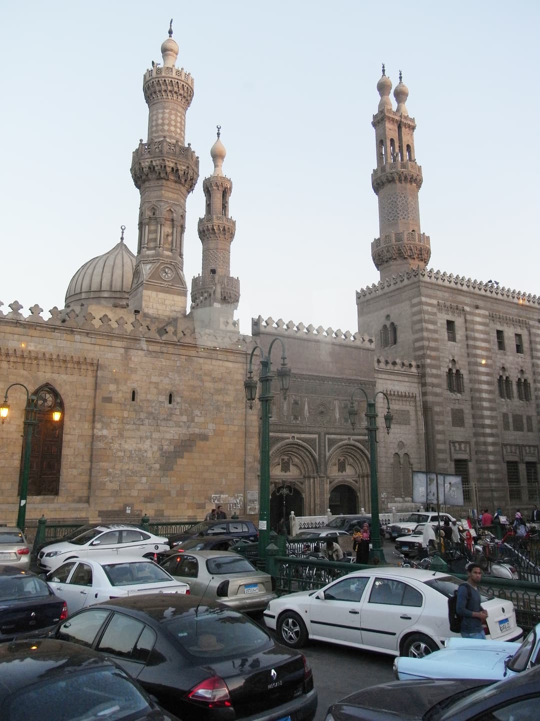 Street view of the minarets and exterior facade of Al-Azhar Mosque