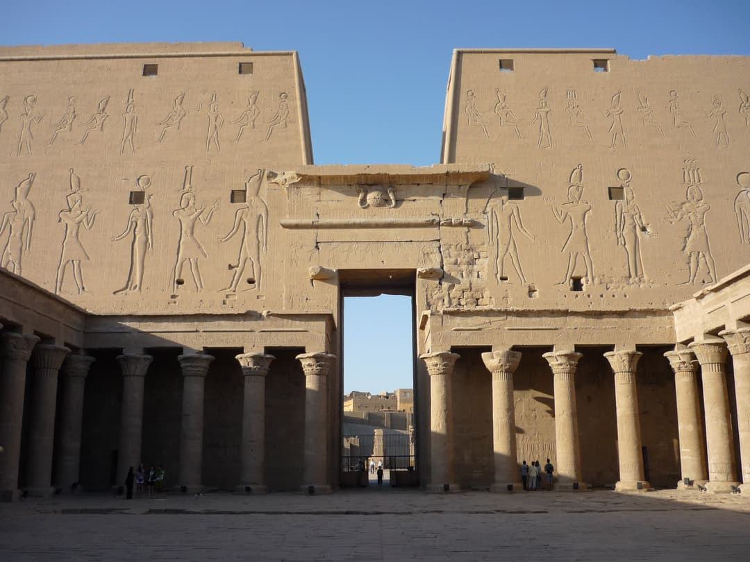 A detailed view of the hieroglyphic inscriptions adorning the temple walls.