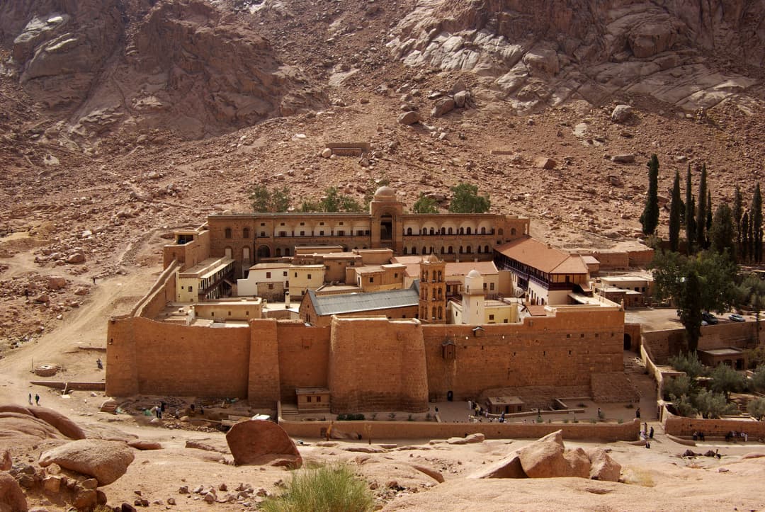Elevated view of the fortified Saint Catherine's Monastery complex