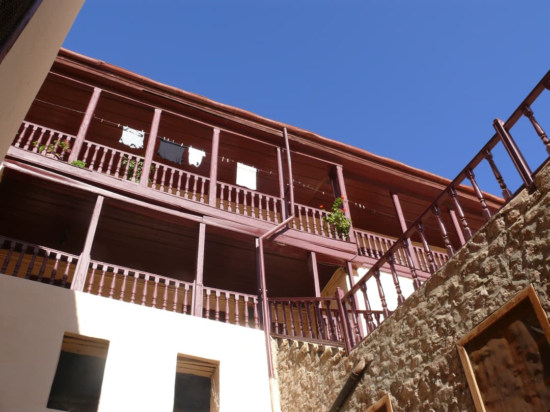 Wooden balconies of the monks' quarters, low-angle view