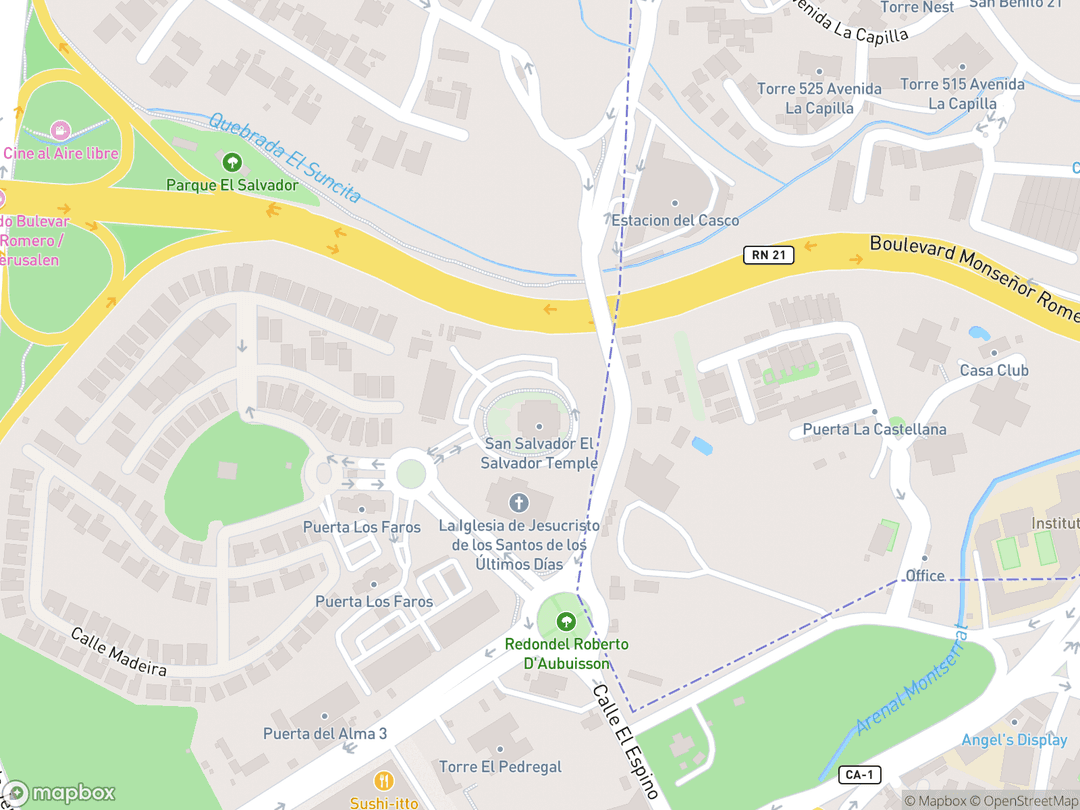 Map showing San Salvador El Salvador Temple and surrounding area