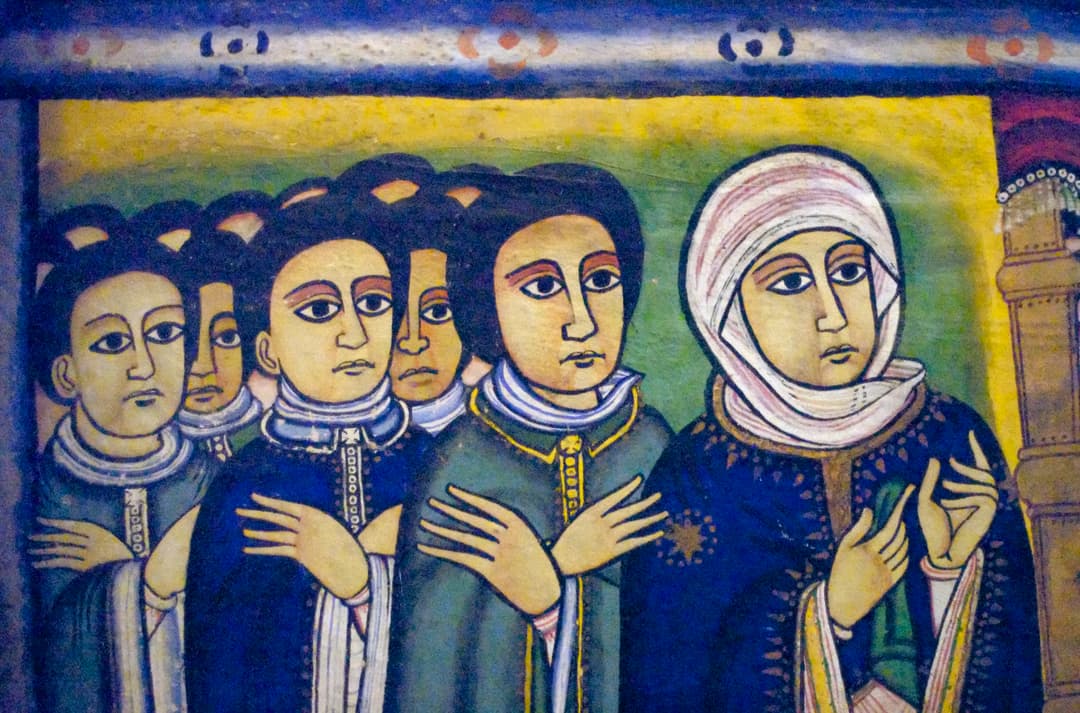 Interior religious wall painting in traditional Ethiopian style