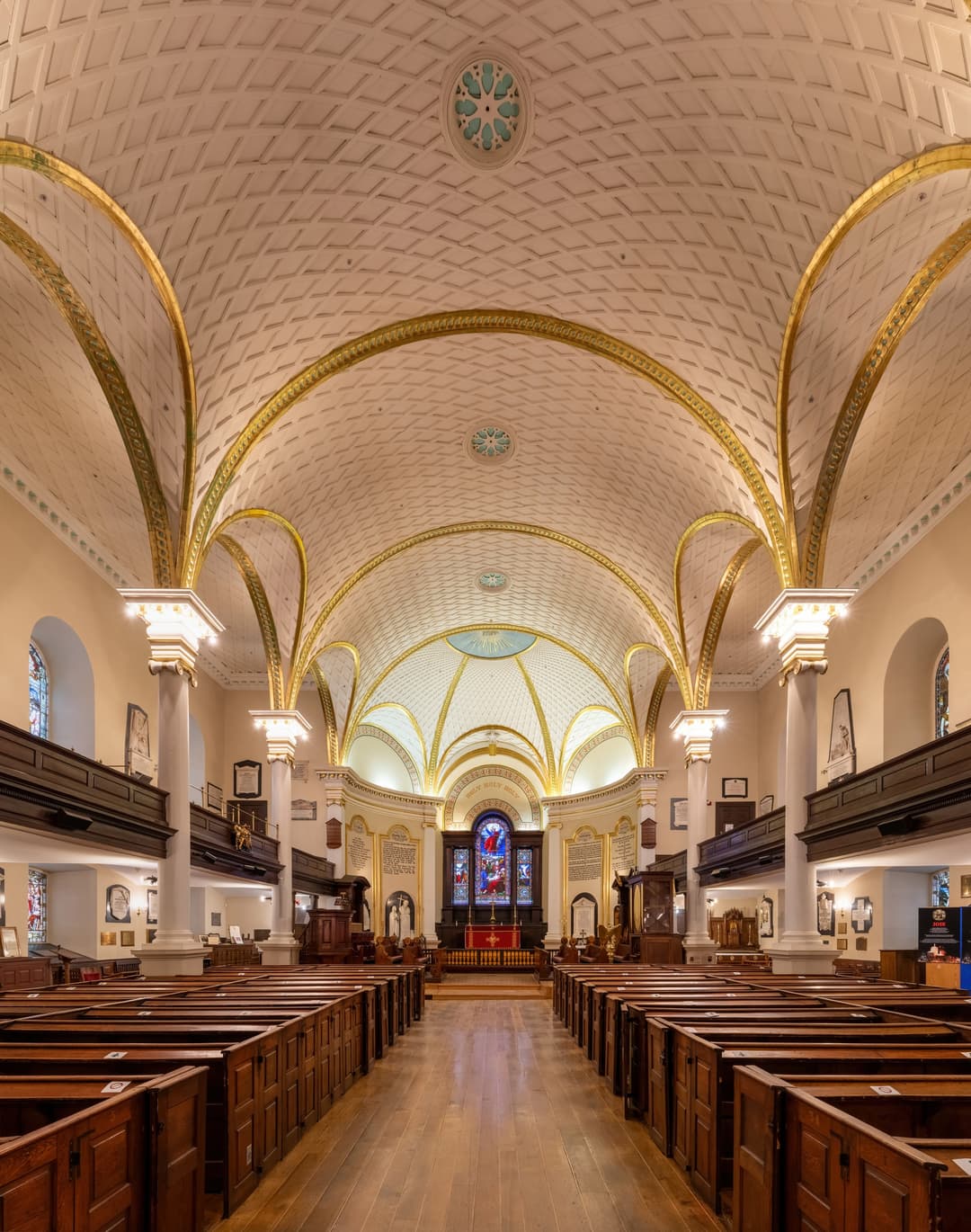 Holy Trinity Cathedral interior view of nave and altar.