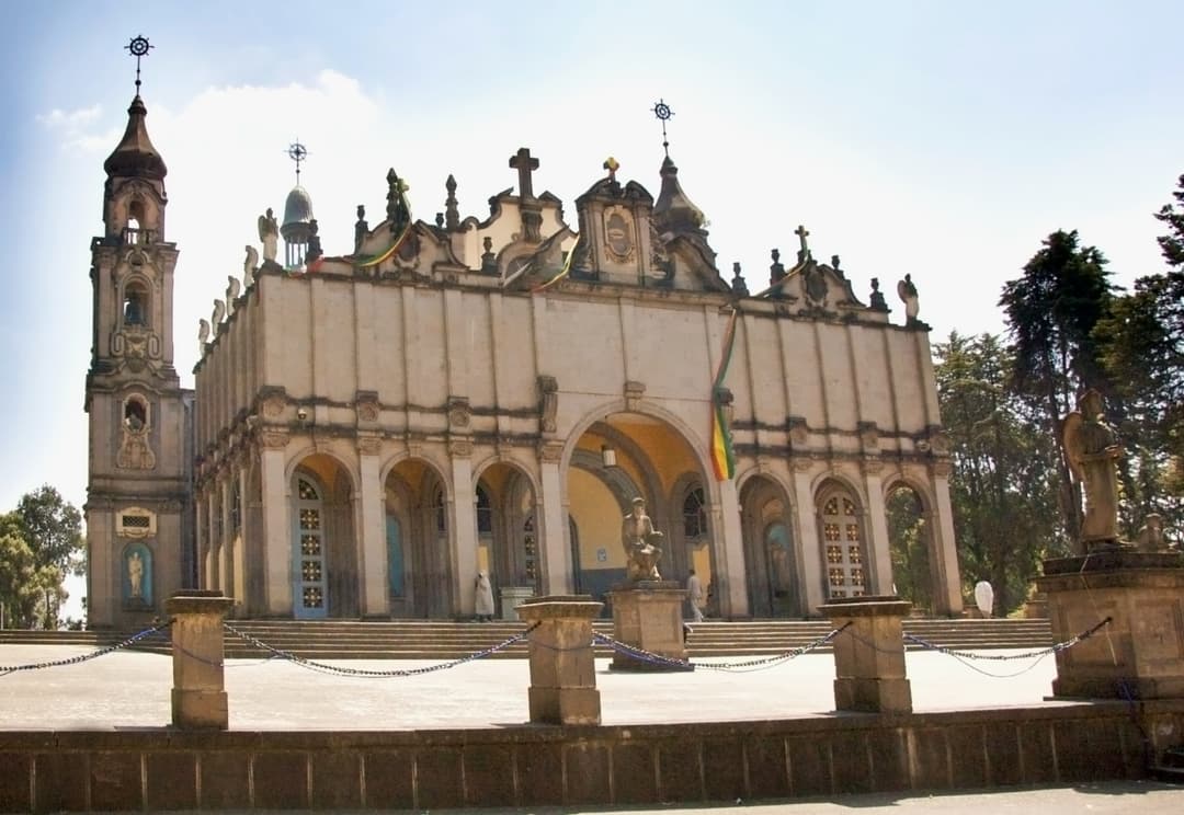 Holy Trinity Cathedral, Addis Ababa: Front facade & bell tower.