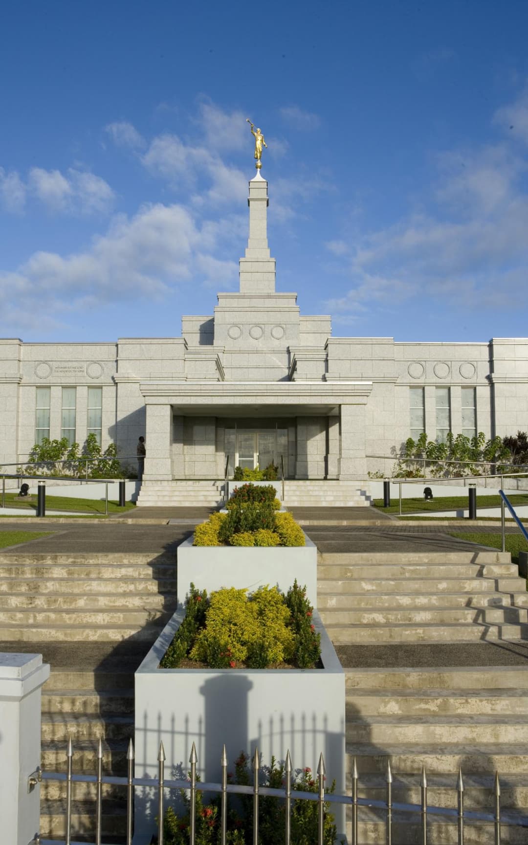 Front view of the Suva Fiji Temple entrance and single spire.