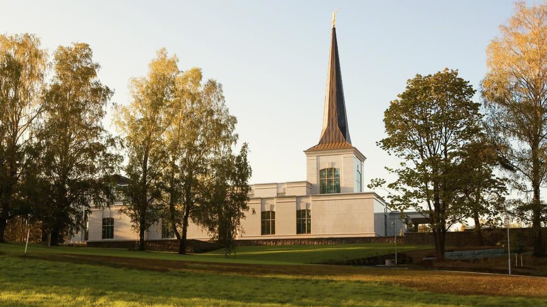 Golden hour view of Helsinki Finland Temple and grounds.