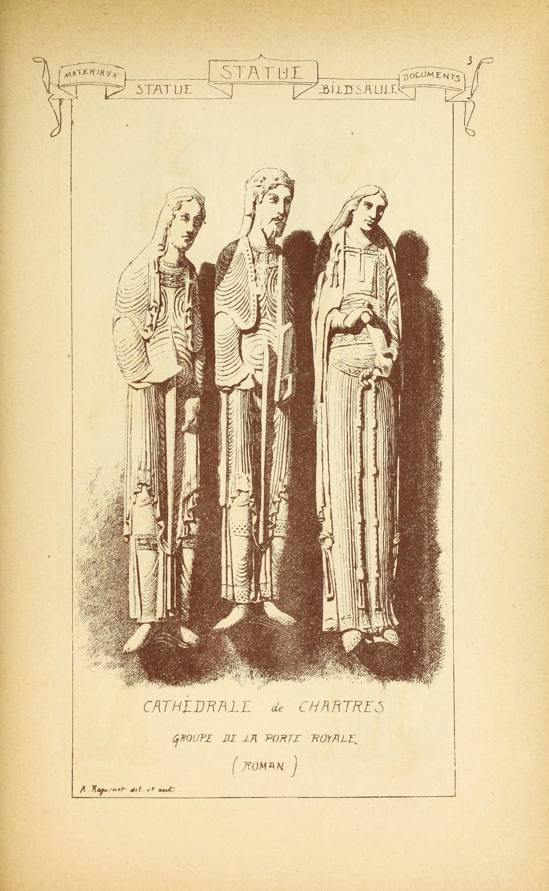 Archival illustration of Royal Portal jamb statues, Chartres Cathedral