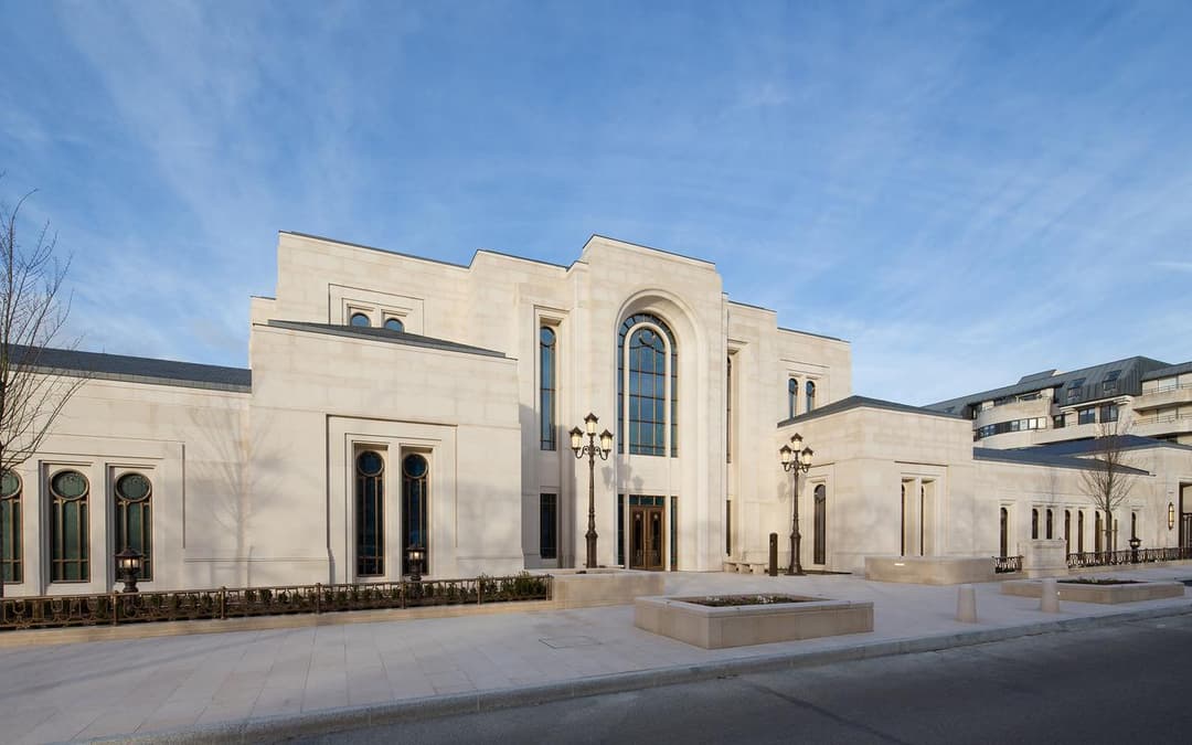 Paris France Temple, daytime front view.