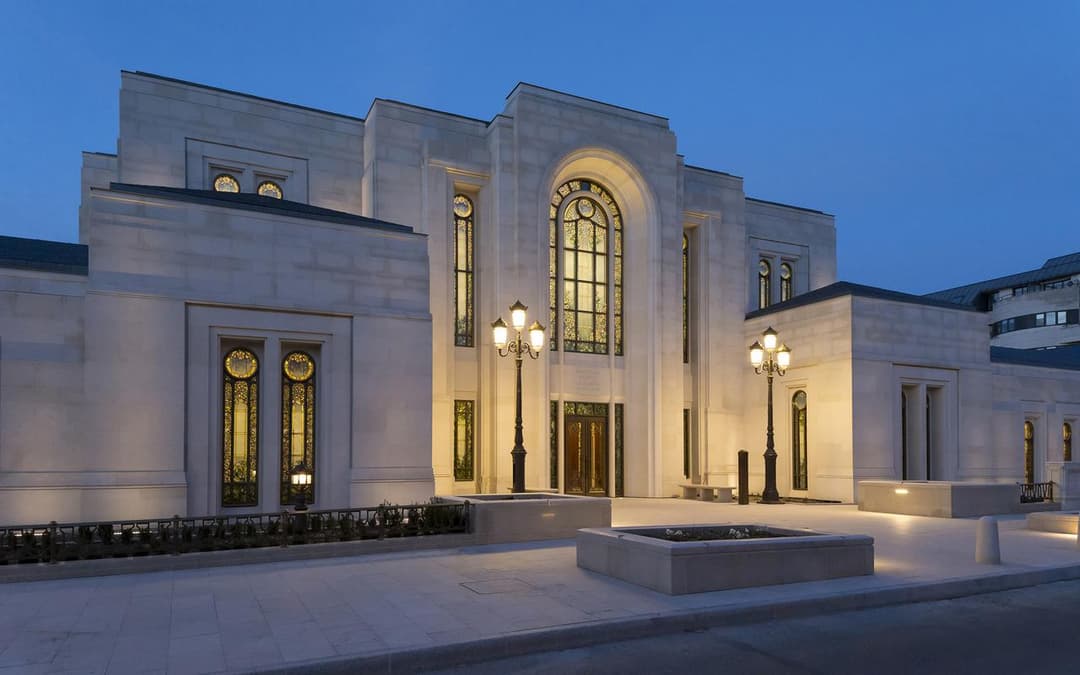 Paris France Temple front exterior at twilight.