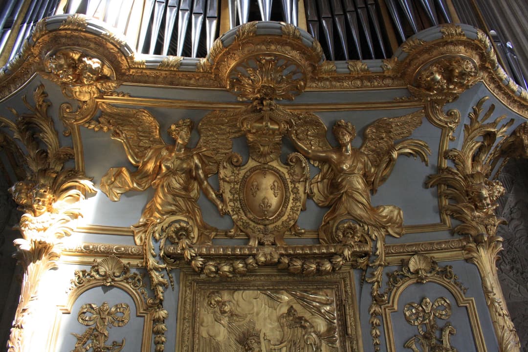 Detail of the gilded organ loft at the Royal Chapel of Versailles.