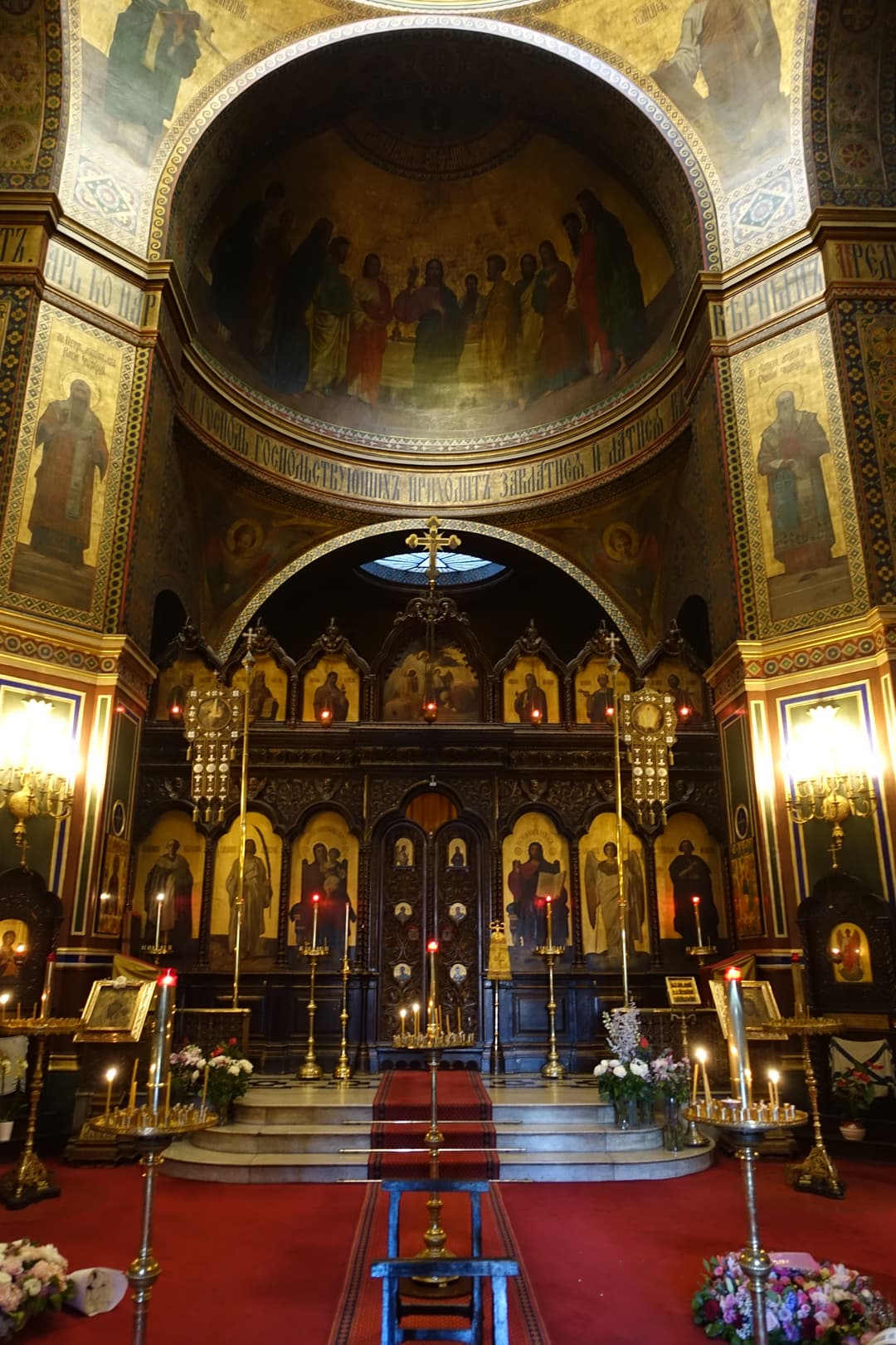 Interior view of the iconostasis inside Saint-Alexandre-Nevsky Cathedral.