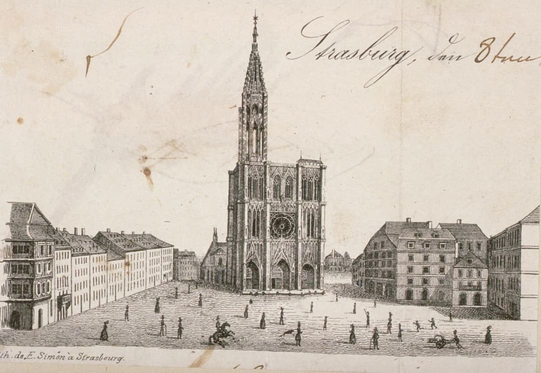 Historic lithograph of Strasbourg Cathedral's west facade and spire
