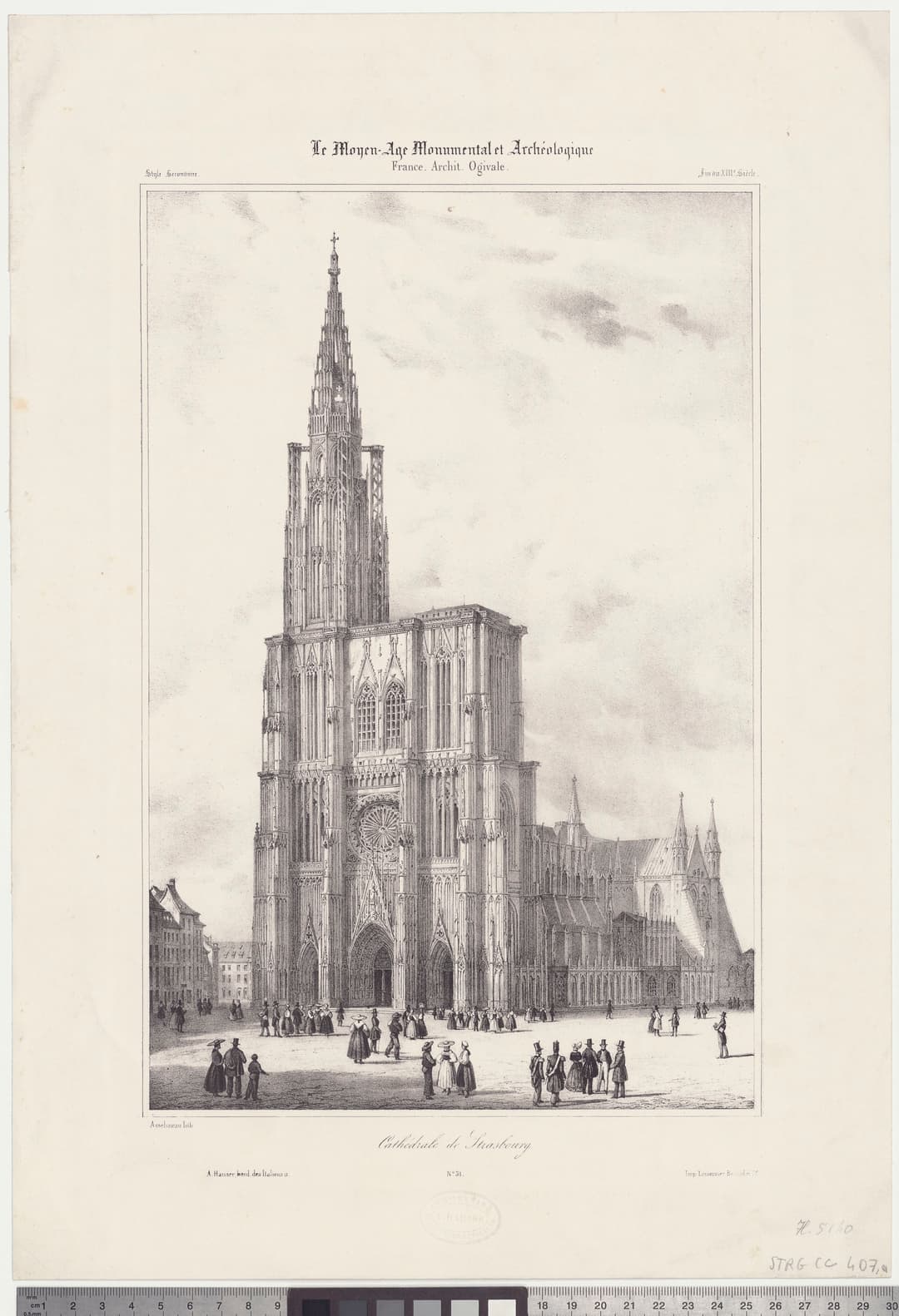 19th-century lithograph of the west facade and spire, Strasbourg Cathedral