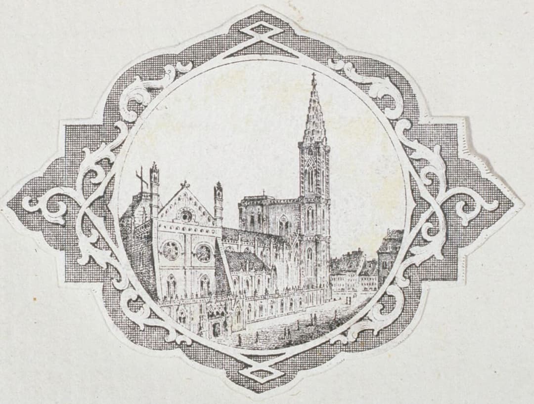 Antique engraving of Strasbourg Cathedral and spire from the south