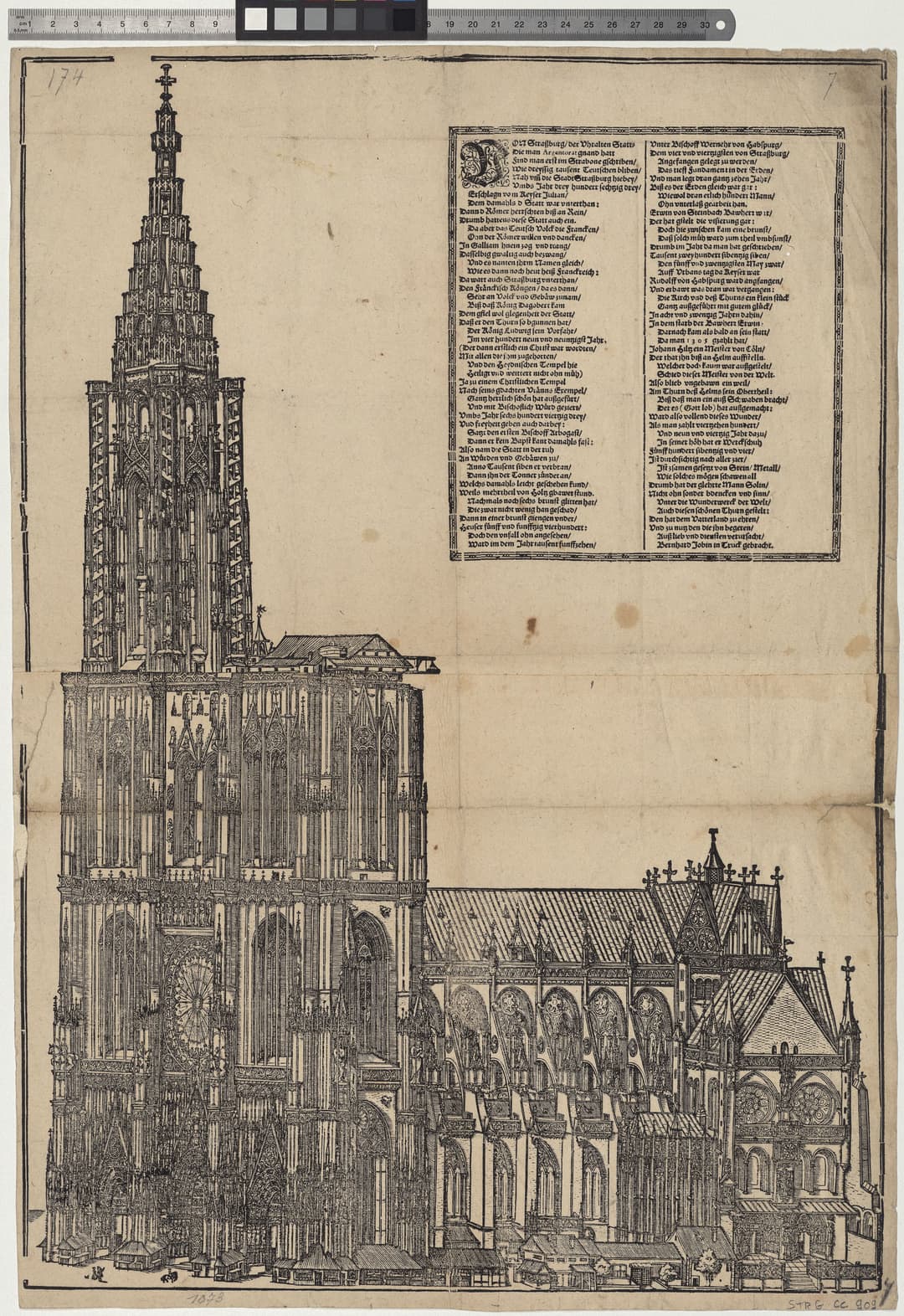 Historic woodcut print of Strasbourg Cathedral's exterior elevation.