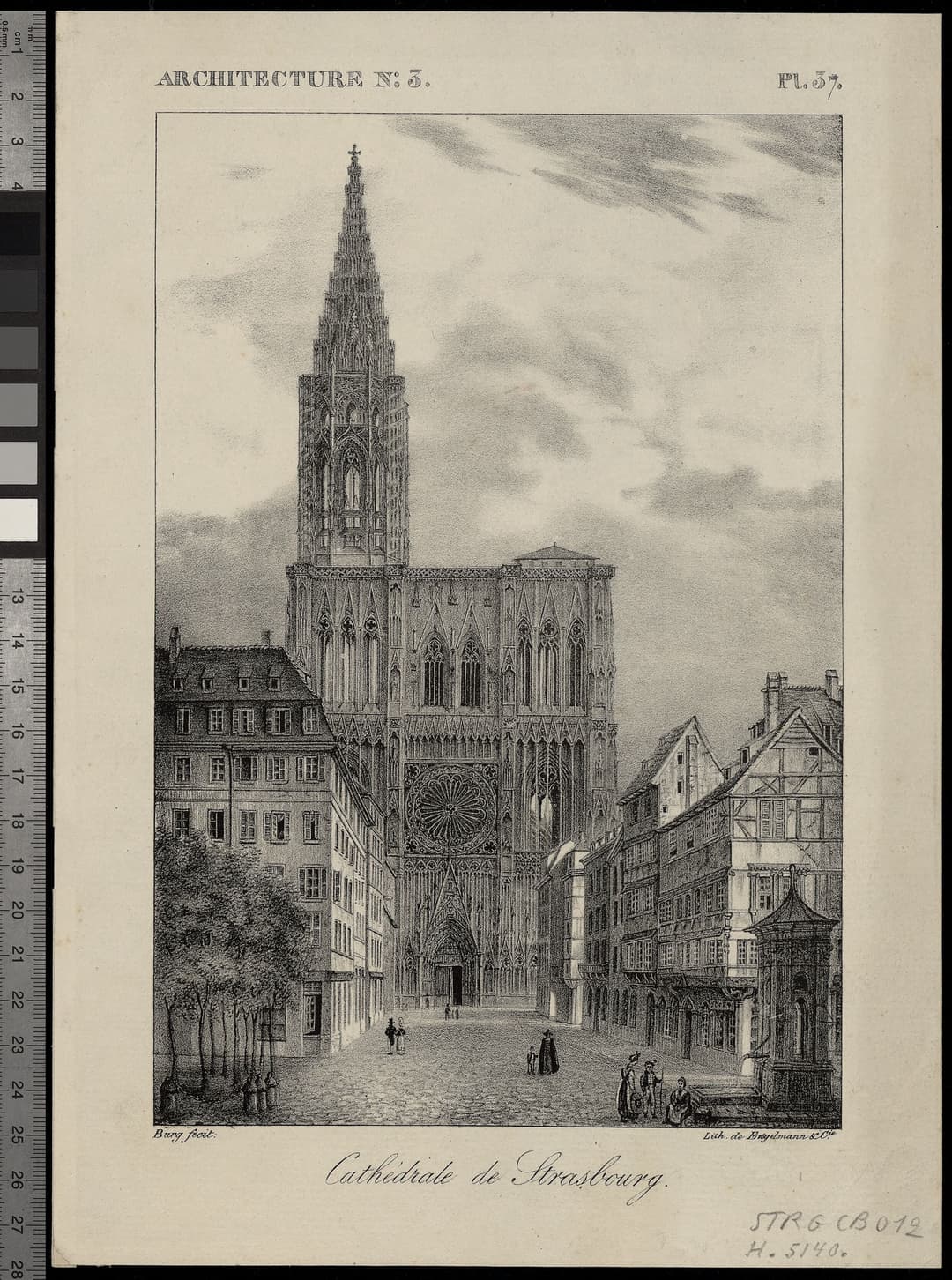 Historic print of the west facade and spire of Strasbourg Cathedral