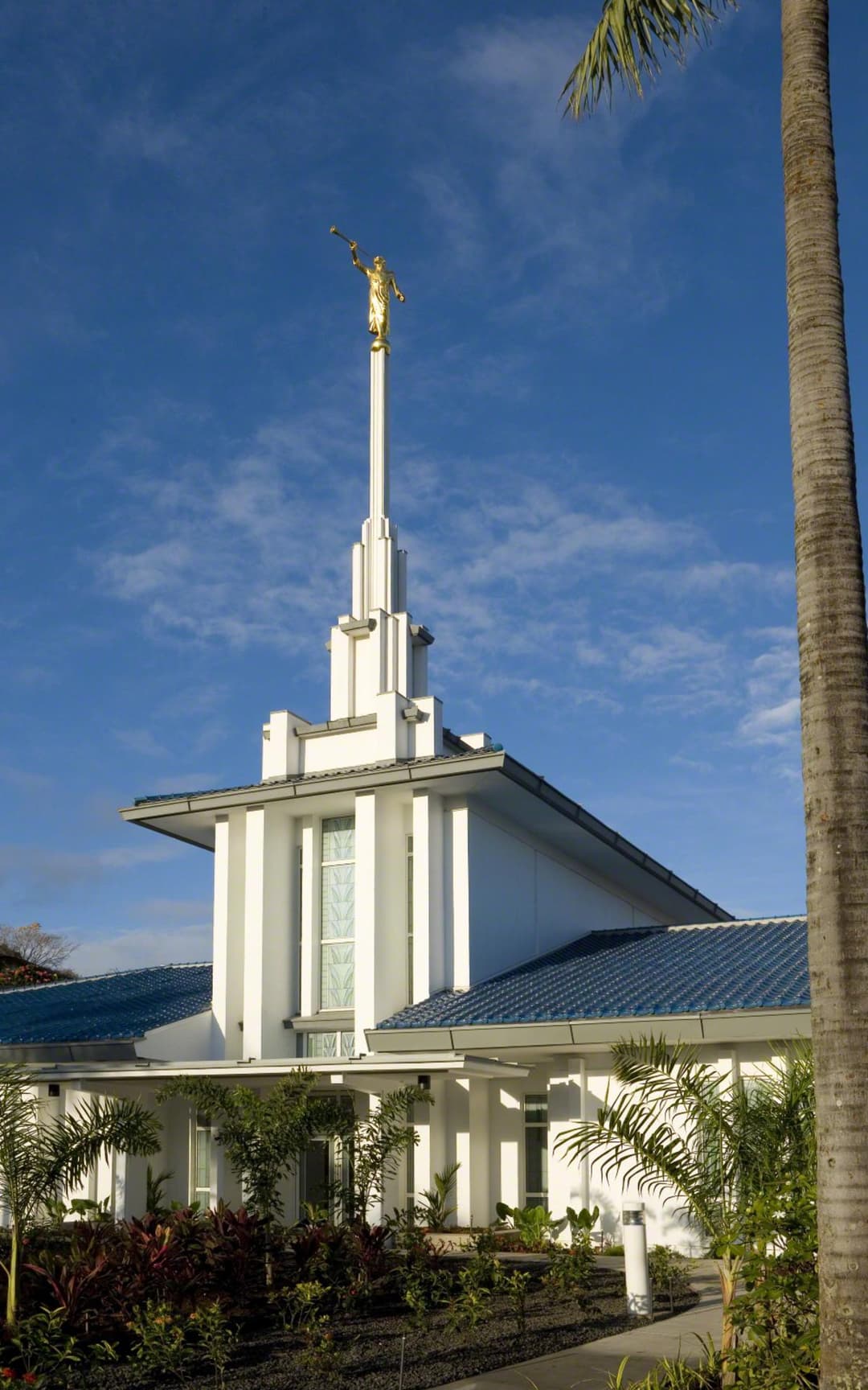 Papeete Tahiti Temple exterior, spire with Angel Moroni statue.
