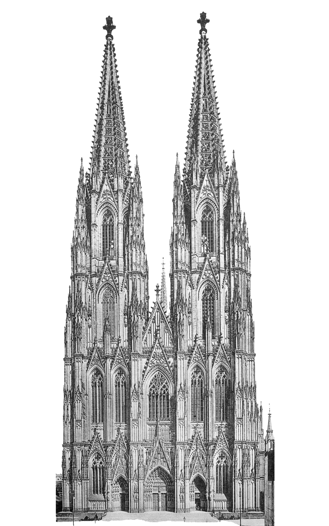 Engraving of the west facade and twin spires of Cologne Cathedral