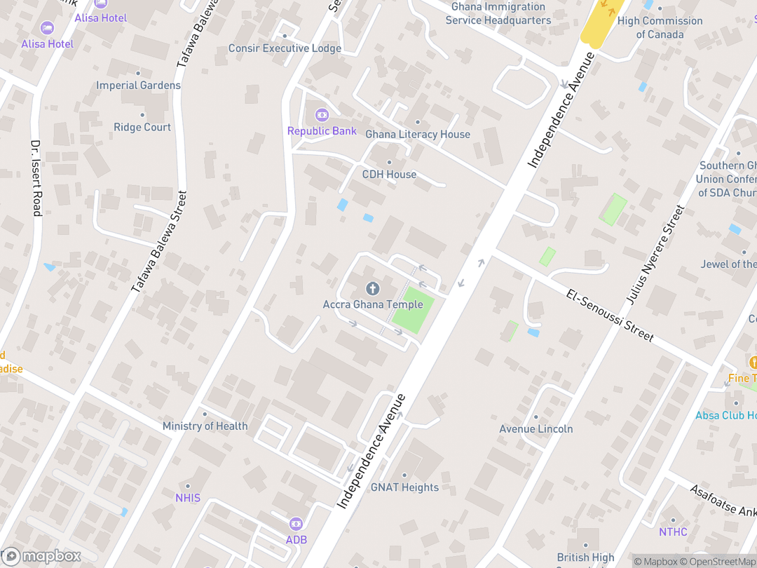 Map showing Accra Ghana Temple and surrounding area