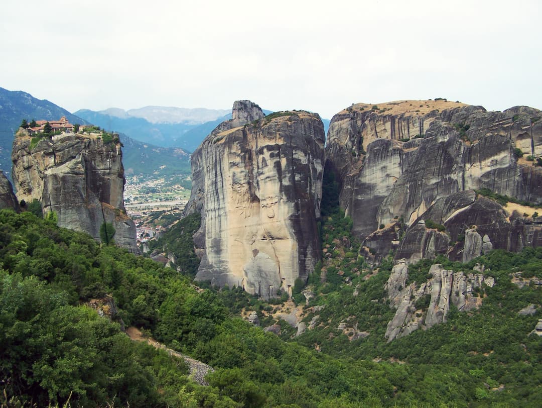 Monastery of the Holy Trinity perched atop Meteora rock pillars, wide view