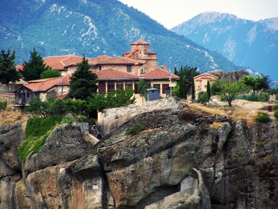 Holy Trinity Monastery perched atop sheer rock cliffs at Meteora