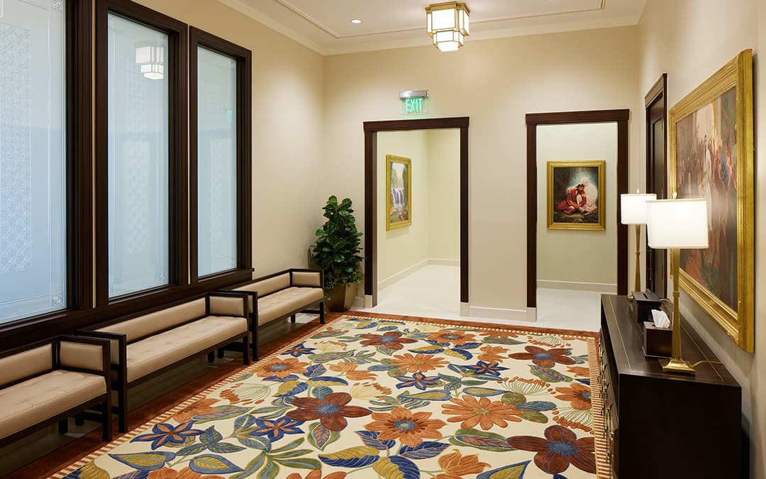 Interior hallway with seating in the Yigo Guam Temple.