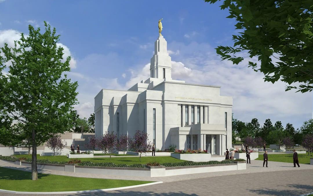 Exterior rendering of the temple entrance and central spire in daylight.