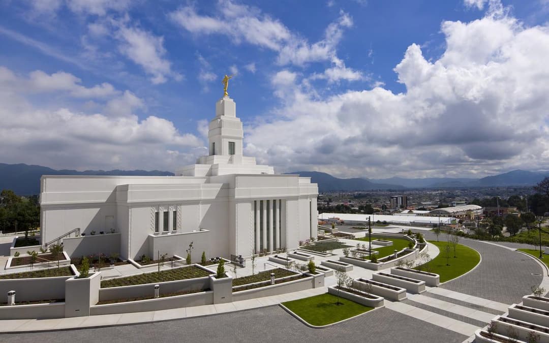 Elevated exterior view of the Quetzaltenango Guatemala Temple and grounds.