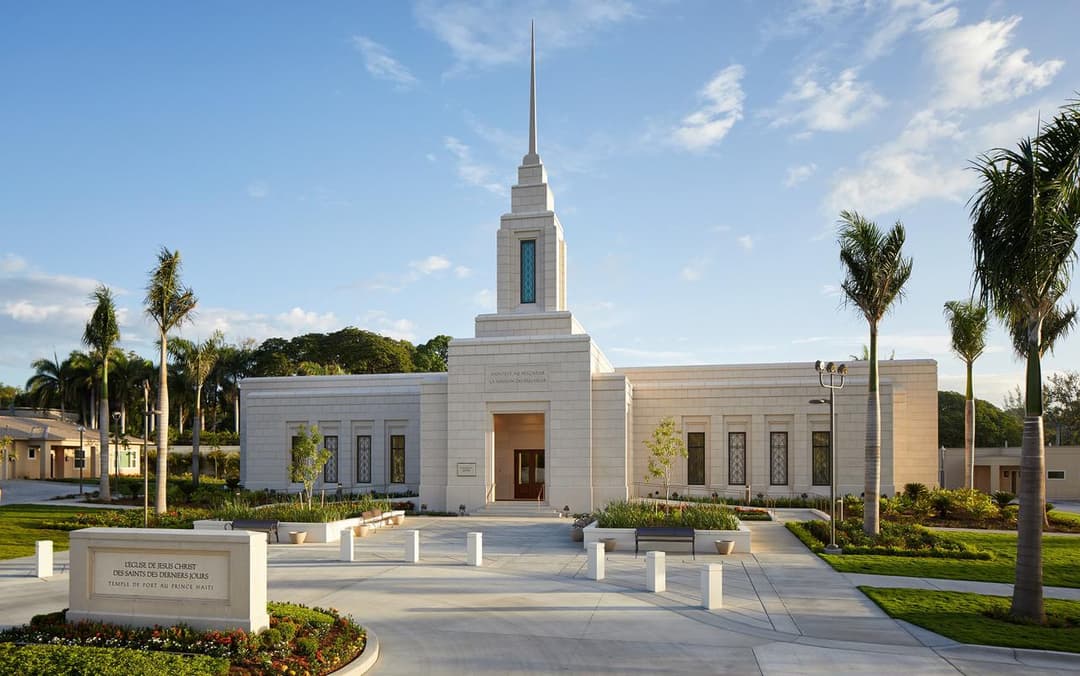 Front exterior view of the Port-au-Prince Haiti Temple and its central spire.