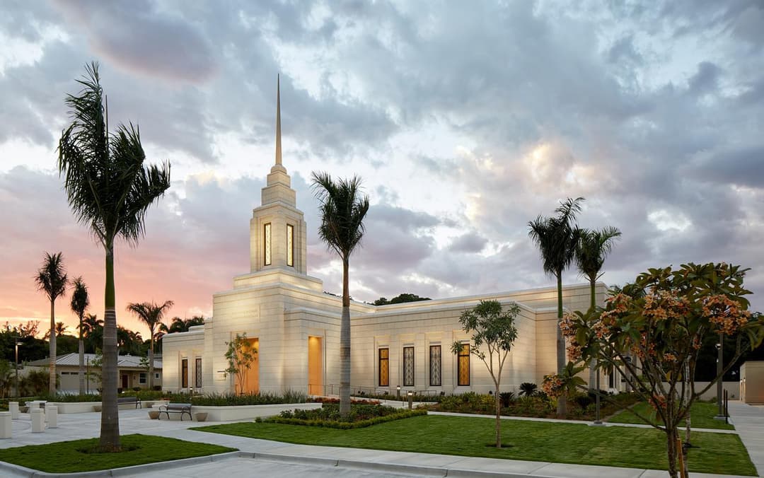 Exterior view of the Port-au-Prince Haiti Temple and grounds at sunset.