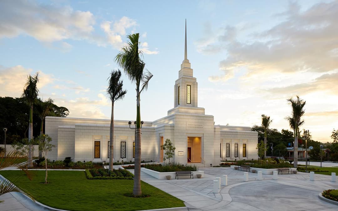 Front exterior view of the Port-au-Prince Haiti Temple at sunset.