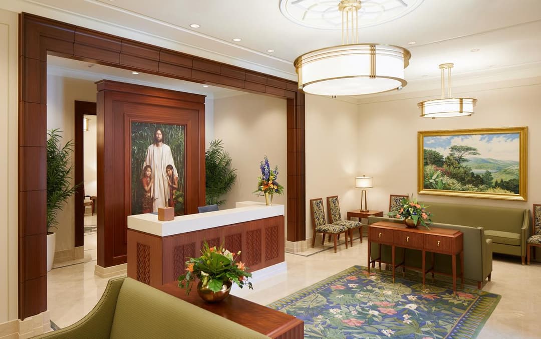 The entry lobby and reception desk inside the Port-au-Prince Haiti Temple.
