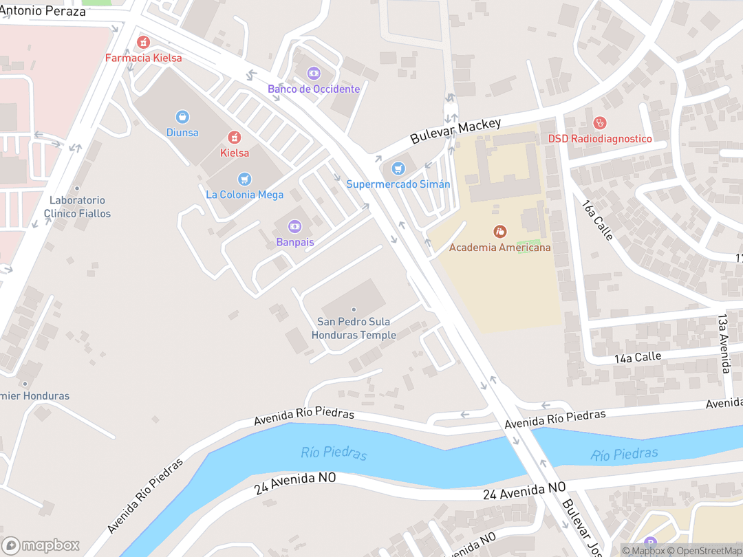 Map showing San Pedro Sula Honduras Temple and surrounding area