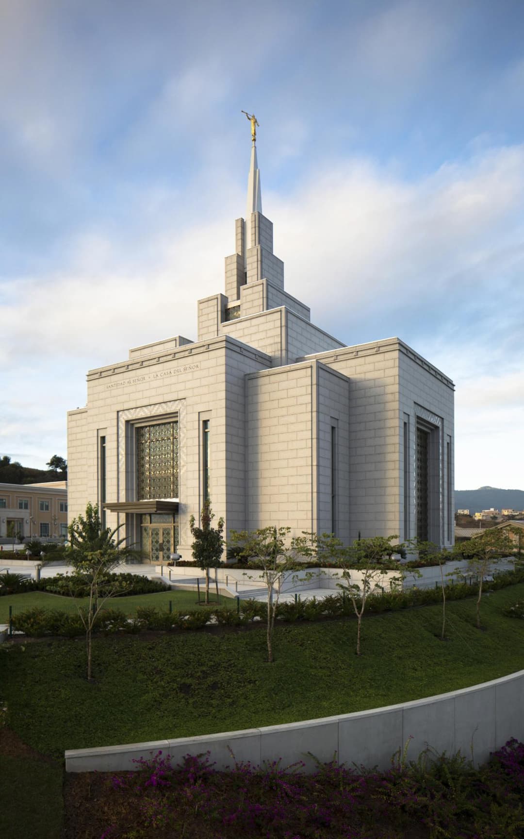 Exterior view of the Tegucigalpa Honduras Temple entrance and spire.