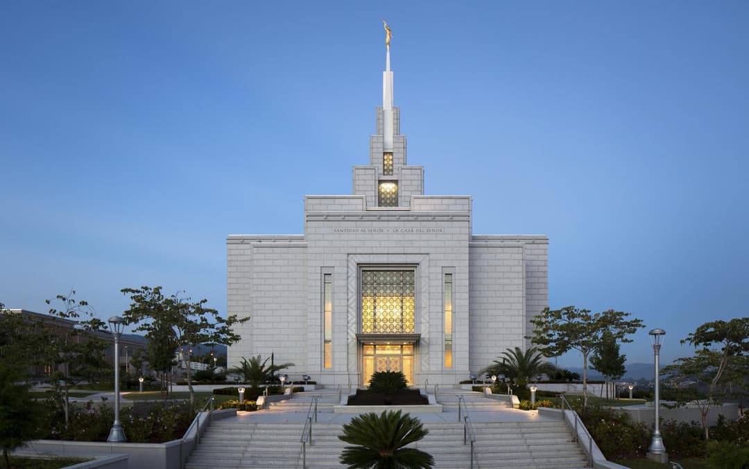 Exterior front facade of the Tegucigalpa Honduras Temple at twilight.