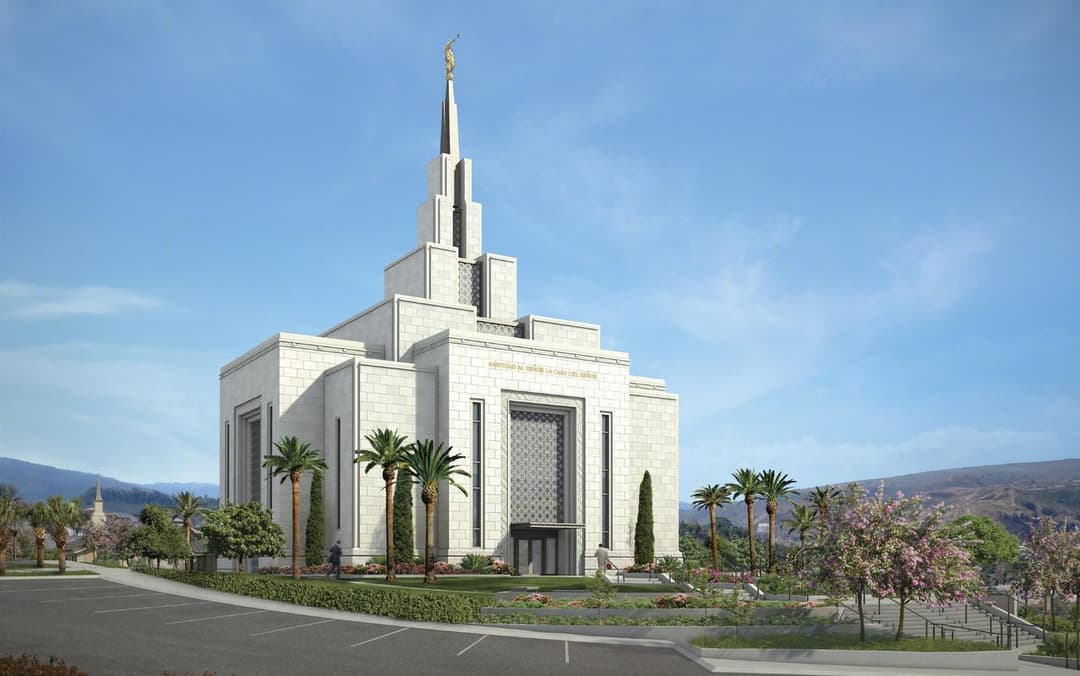 Daytime exterior view of the Tegucigalpa Honduras Temple entrance and spire.