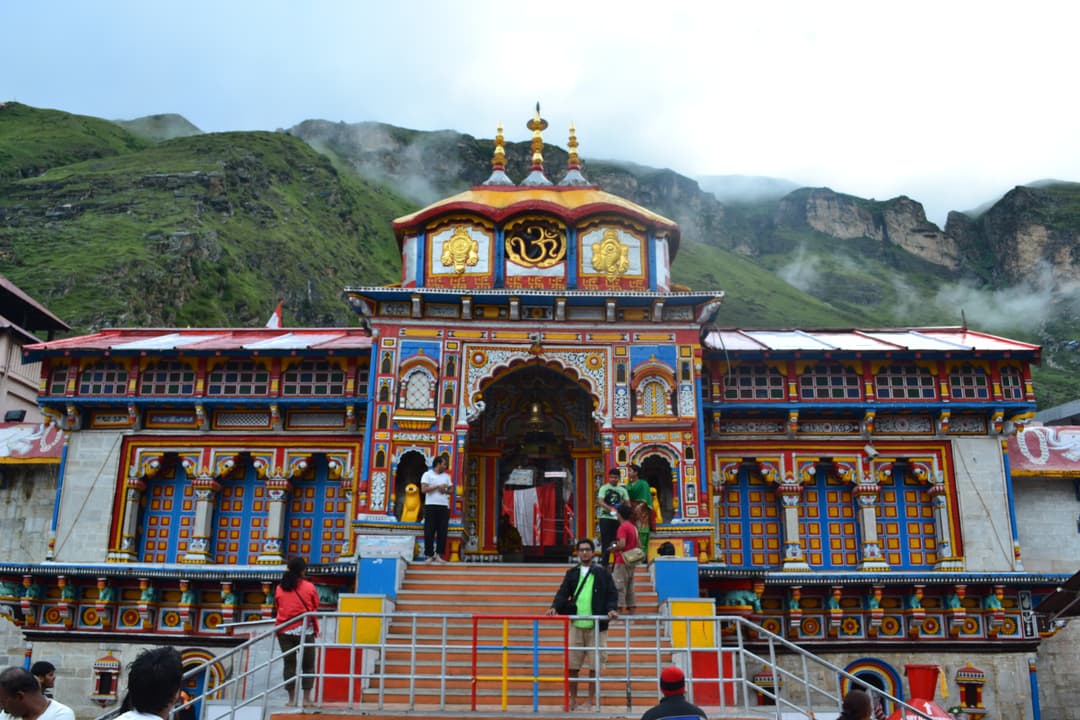 Colorful front facade and entrance of Badrinath Temple